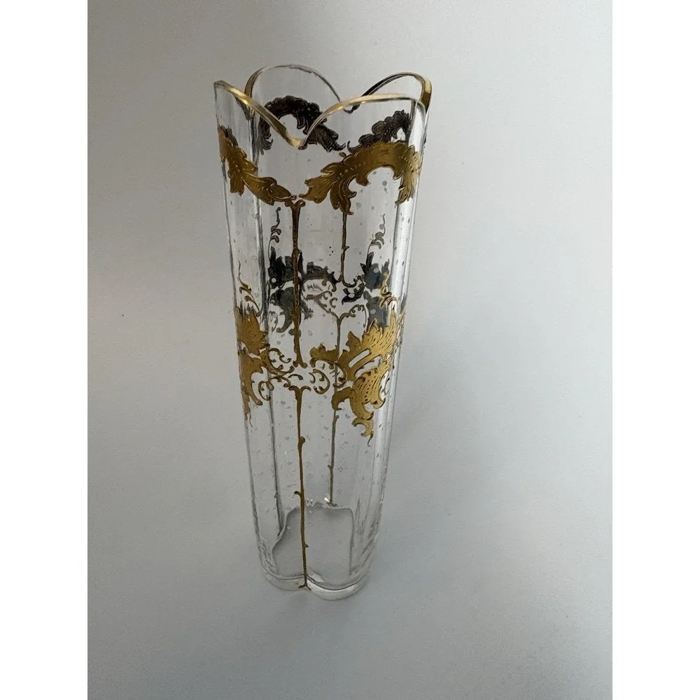 Antique Bohemian Art Glass Vase Raised Gold Gilt Enamel Quatrefoil Bubbles 7 In